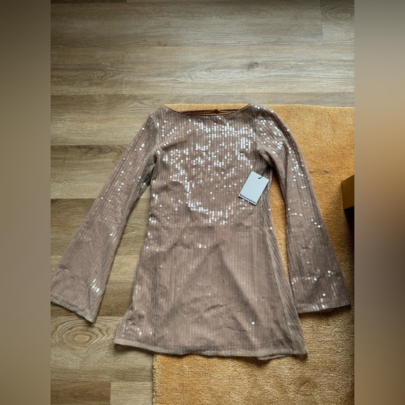 🦃NWT Reformation Sereia Sequin Long Sleeve Champagne Sequin Minidress - Picture 8 of 12